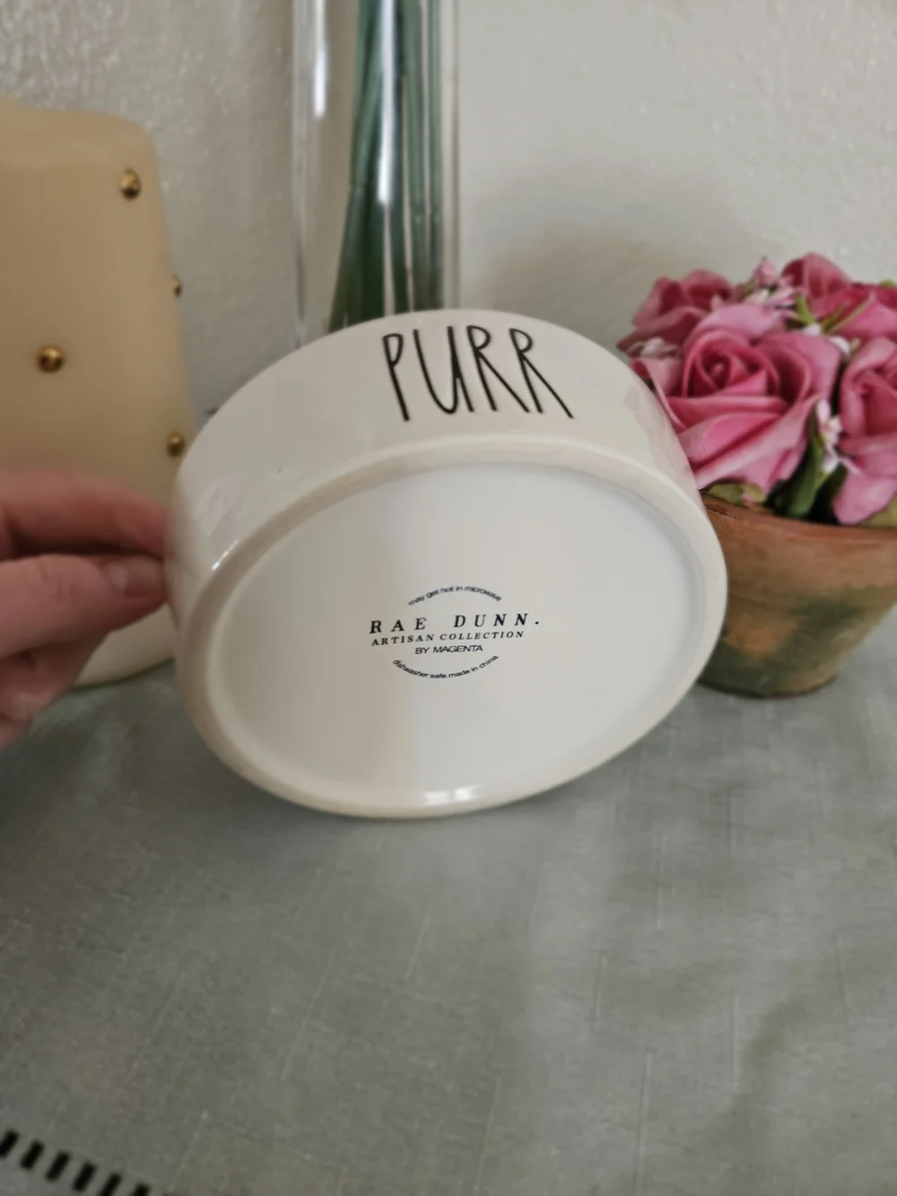 Rae Dunn White Ceramic Cat Bowl with Green Interior - PUURR